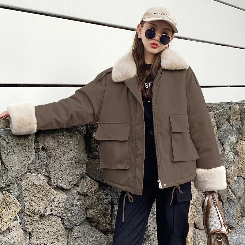 

Short Fleece Turn Down Collar Parka Fashion Cotton Liner Winter Jacket Women Drawstring Hem Coat