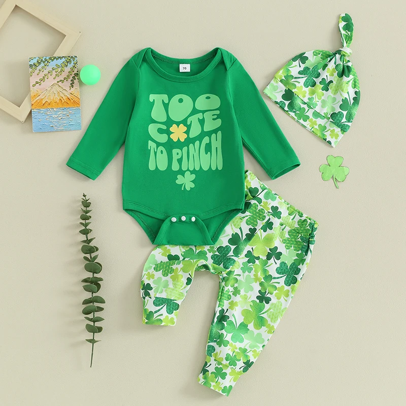 

My First St Patricks Day baby boy girl Outfit Letter Print Long Sleeve Romper Pants Hat 3Pcs Newborn Clothes