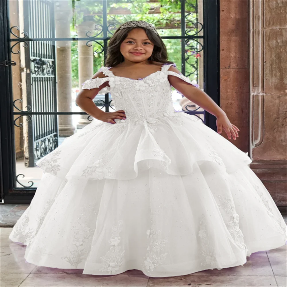 Odizli Abito da bambina con fiori, in tulle, per prima comunione