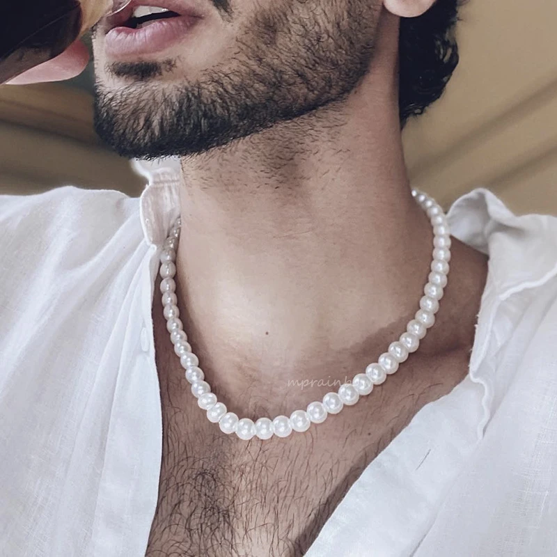 Pearl Necklace For Men With Charm - Round White Pearl Choker Necklace, Fashion Jewelry Gift For Boyfriend/Husband