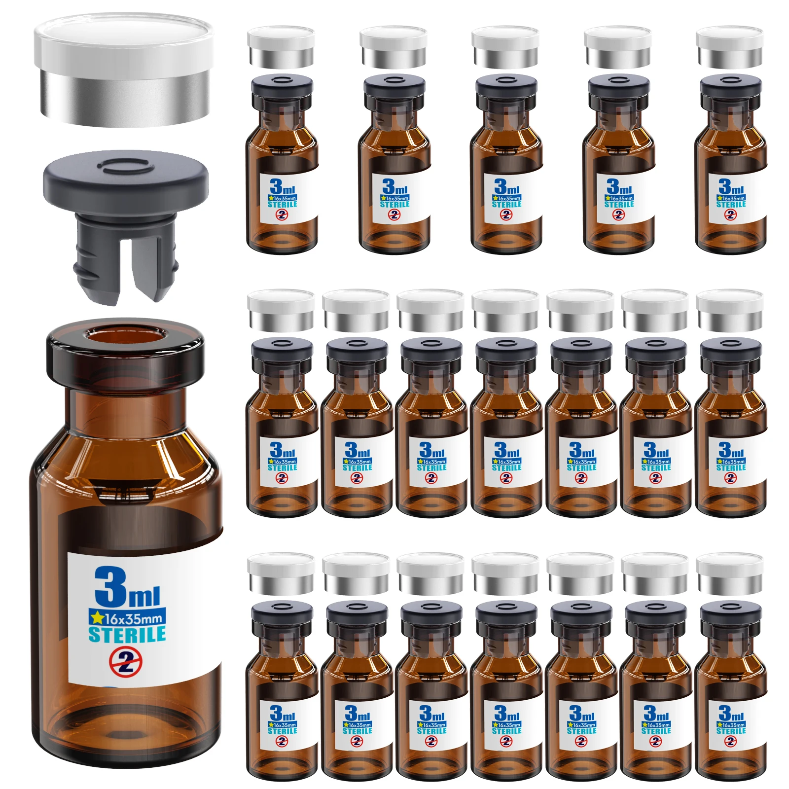 Sterile Glass Vials With Separate Rubber Stopper and Cap Need to Crimped With Pliers sterile Packaged 20pcs