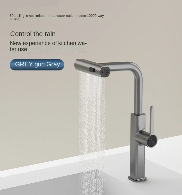 

Gray Kitchen Sink Digital Display Pull-out Faucet Hot And Cold All Copper Raindance Rotatable Sink Faucet