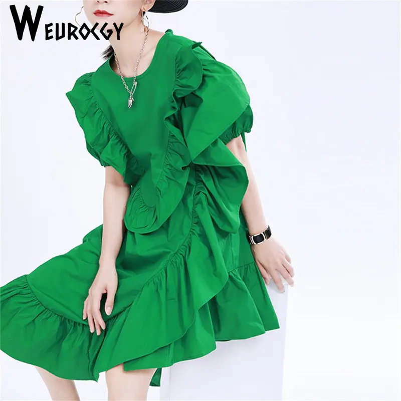 

2023 Summer New Style Trend Causal Loose Irregular Falbala Pullover Round Collar A-Line Women Dresses Mid Length Commuter Wind