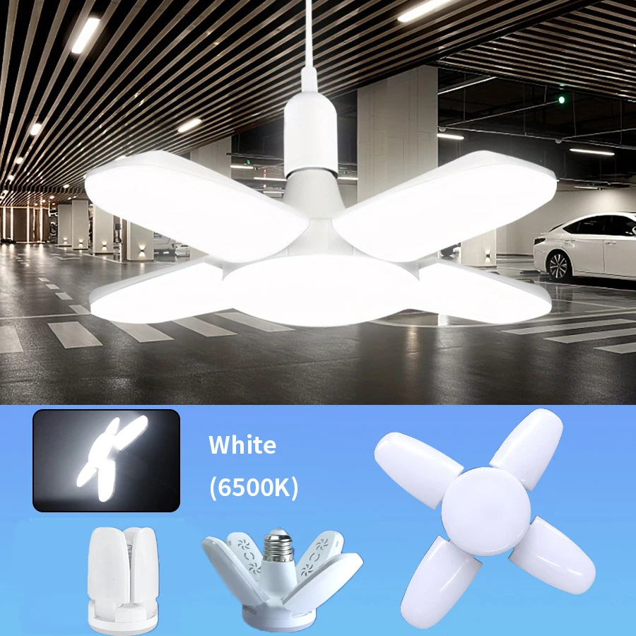 E27 팬 모양 접이식 40LED 전구 AC220V/110V 가정용 천장 조명 창고 및 차고용 변형 가능 백색광 6500K 전구