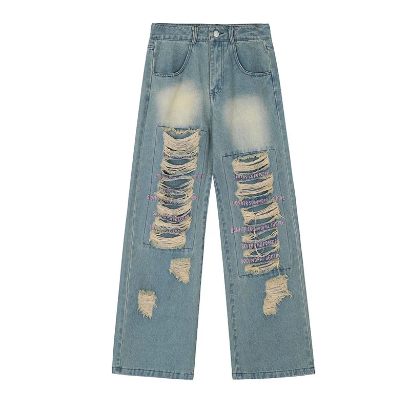 

Hi Street Ripped Embroidery Jeans Pants Washed Blue Streetwear Denim Trousers For Male