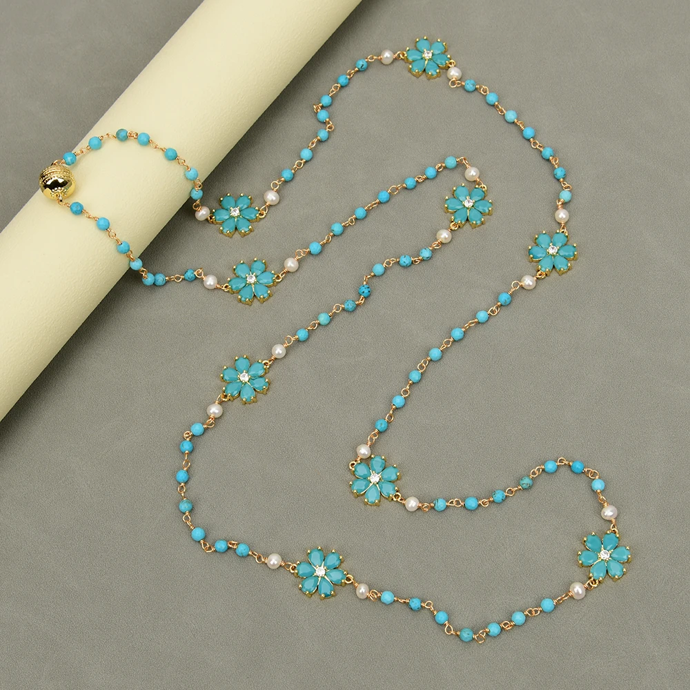 GG 45'' Natural White Pearl Faceted Turquoise Blue Jade Flower Crystal CZ Paved Sweater chain Necklace Lady Party Gifts