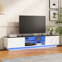 Rosahqnda ТВ-шкаф с 2 дверцами, 2 полками, низкая панель телевизора со светодиодной подсветкой, ТВ-доска для телевизоров до 65 дюймов для гостиной, спальни — изображение 2