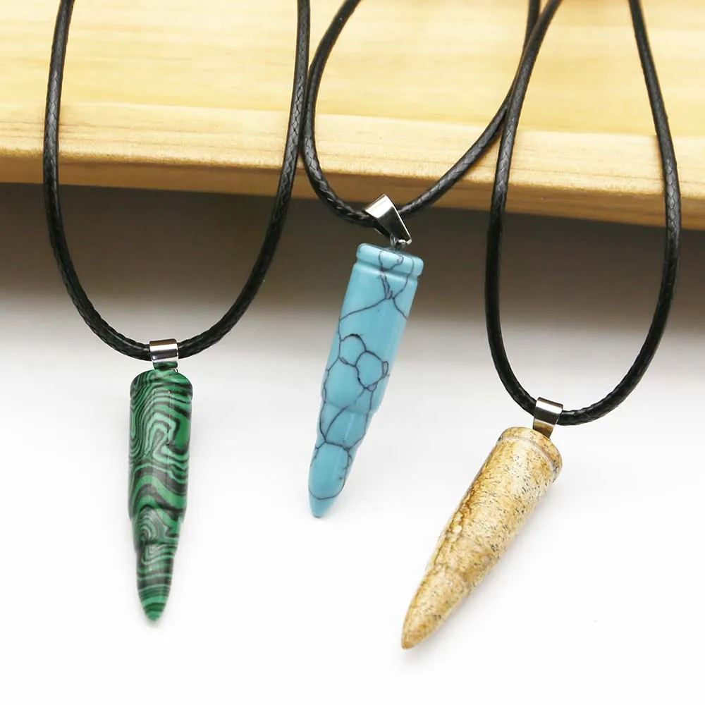 Selling Natural Stone Cone Bullet Pendant Leather Rope Necklace Crystal Agate Reiki Healing Charms Accessories Jewelry Gift 8PCS