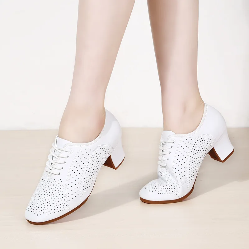 Cowhide Shoes Women soft Rubber sole Latin Dance Shoes Social Dance Shoes Four Seasons square Breathable Perforated Shape