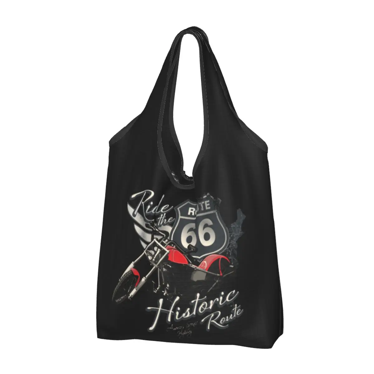 

Travel Motorcycle Ride The Historic Route 66 Grocery Bag Durable Heavy Duty Mother Road American Oldschool Shopping Tote Bag