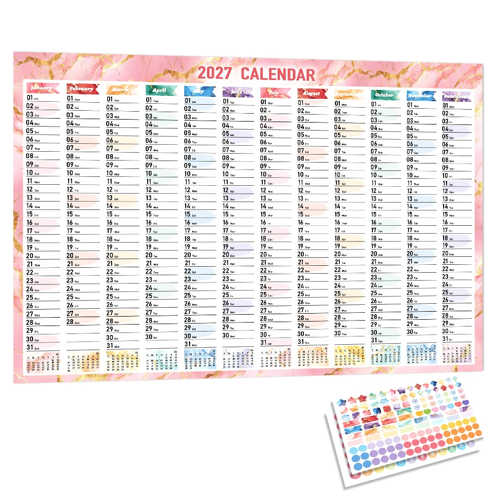 Vibrant 2027 Wall Calendar with Stickers & Memo Sections