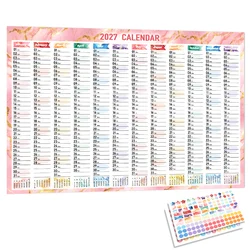 Vibrant 2027 Wall Calendar with Stickers & Memo Sections (Pink)