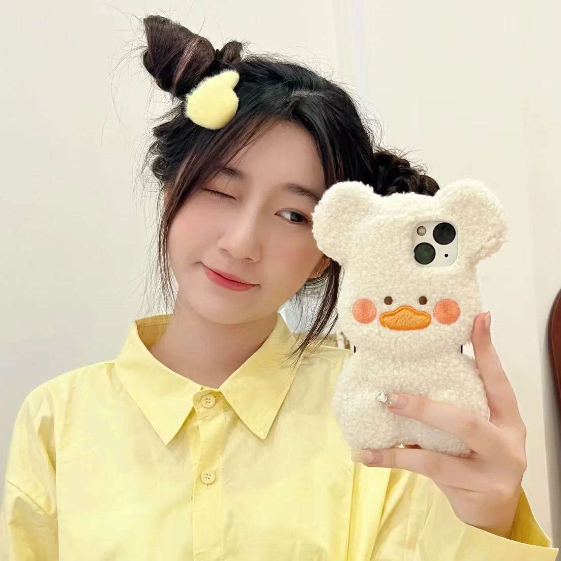 

Korean Girl Bear Plush Phone Case for iPhone 14 13 12 11 Pro Max Warm Shockproof Protective Soft Back Cover