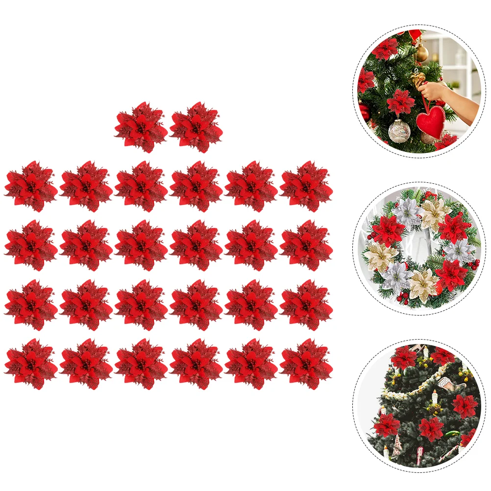 

Fake Poinsettia Flowers Glitter Flowers Christmas Decors For Home Tree Garland Wreath Pendant Christmas Tree Decor Pendant
