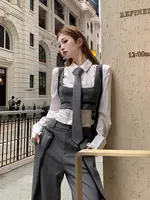 Women Clothing High end Stylish Waist Cinched Slimming Short Vest Long Sleeve Shirt Splicing Wide Leg Pants Set Three Piece Set 1