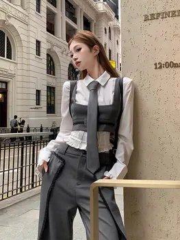 Women Clothing High end Stylish Waist Cinched Slimming Short Vest Long Sleeve Shirt Splicing Wide Leg Pants Set Three Piece Set 1