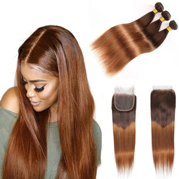 Ombre 3/4 Bundles Bundles With Closure Brazilian Straight Human Hair Bundles With Lace Closure 4/30 Remy Hair Weave Extensions 1