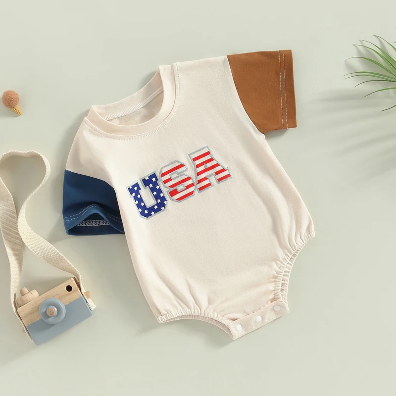 

Baby Boy Girl 4th of July Outfit Stars and Stripes Short Sleeve USA Romper Newborn Fourth of July Clothes