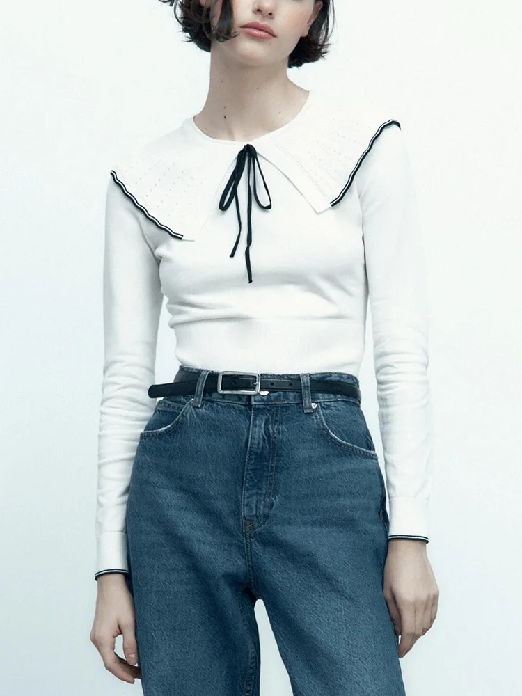 

Женские свитера, топ с длинным рукавом, воротник Питер Пэн, галстук-бабочка, сладкий вязаный свитер, пуловер, женская контрастная отделка, приталенный укороченный свитер