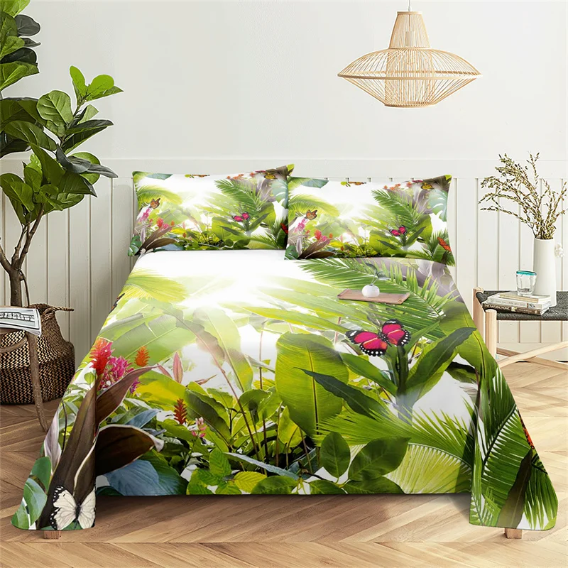 Green Plants Queen Sheet Set Girl, Lady's Room Leaf Bedding Set Bed Sheets and Pillowcases Bedding Flat Sheet Bed Sheet Set 1
