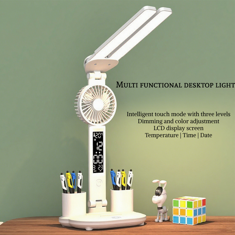 3-in-1 Foldable Desk Lamp with Cooling Fan USB-C Rechargeable 3 Color Temperatures Adjustable Brightness Digital Clock Night Lig
