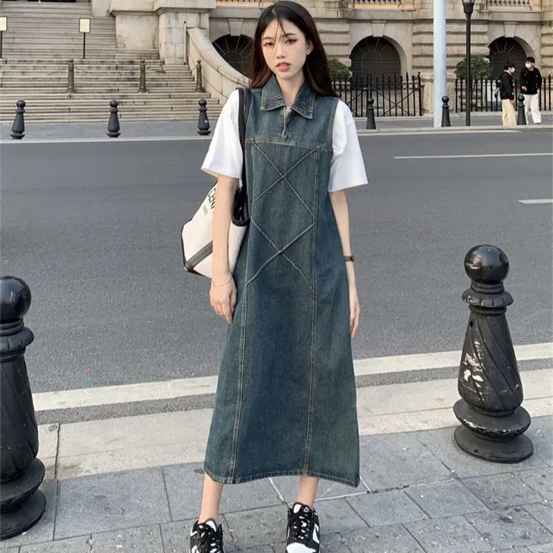 

2023 Summer New Women's Denim Dress Retro Fashion Small Design Sleeveless POLO Neck Free Shipping
