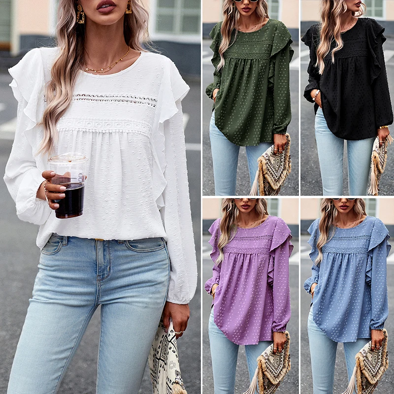 

Solid Color Shirt Women's 2023 Autumn/Winter Temperament Casual Long Sleeve Top Loose Flounce Ladies Clothing Solid Color Top