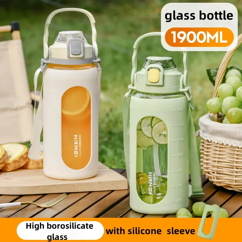 

2L Water Bottle with Straw, Large Capacity Glass Bottles with Silicone Sleeve Outdoor Travel Sport Portable Leakproof Drinkware