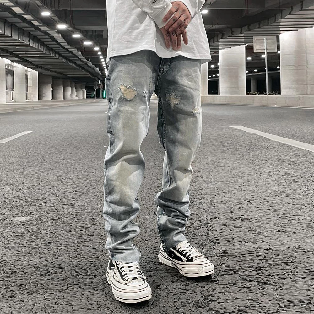 

Original Tie-dyed Ripped Flared Denim Jean for Men Streetwear Washed Hole Casual Stacked Jeans Pants Men's Slim Fit Jeans 2023