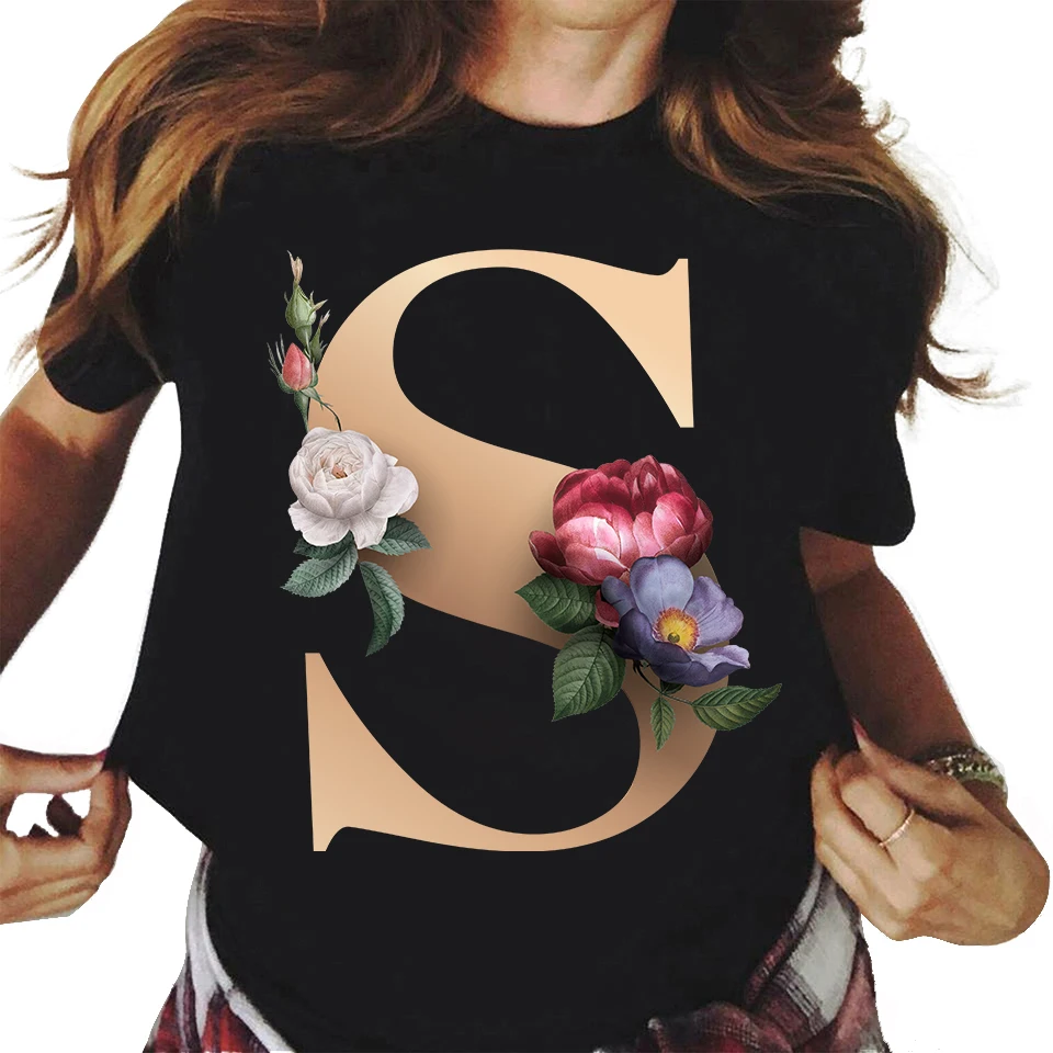 26 Floral alphabet font classic t shirt summer Fashion Harajuku Kawaii TShirt Women Top Tees Female graphic tees