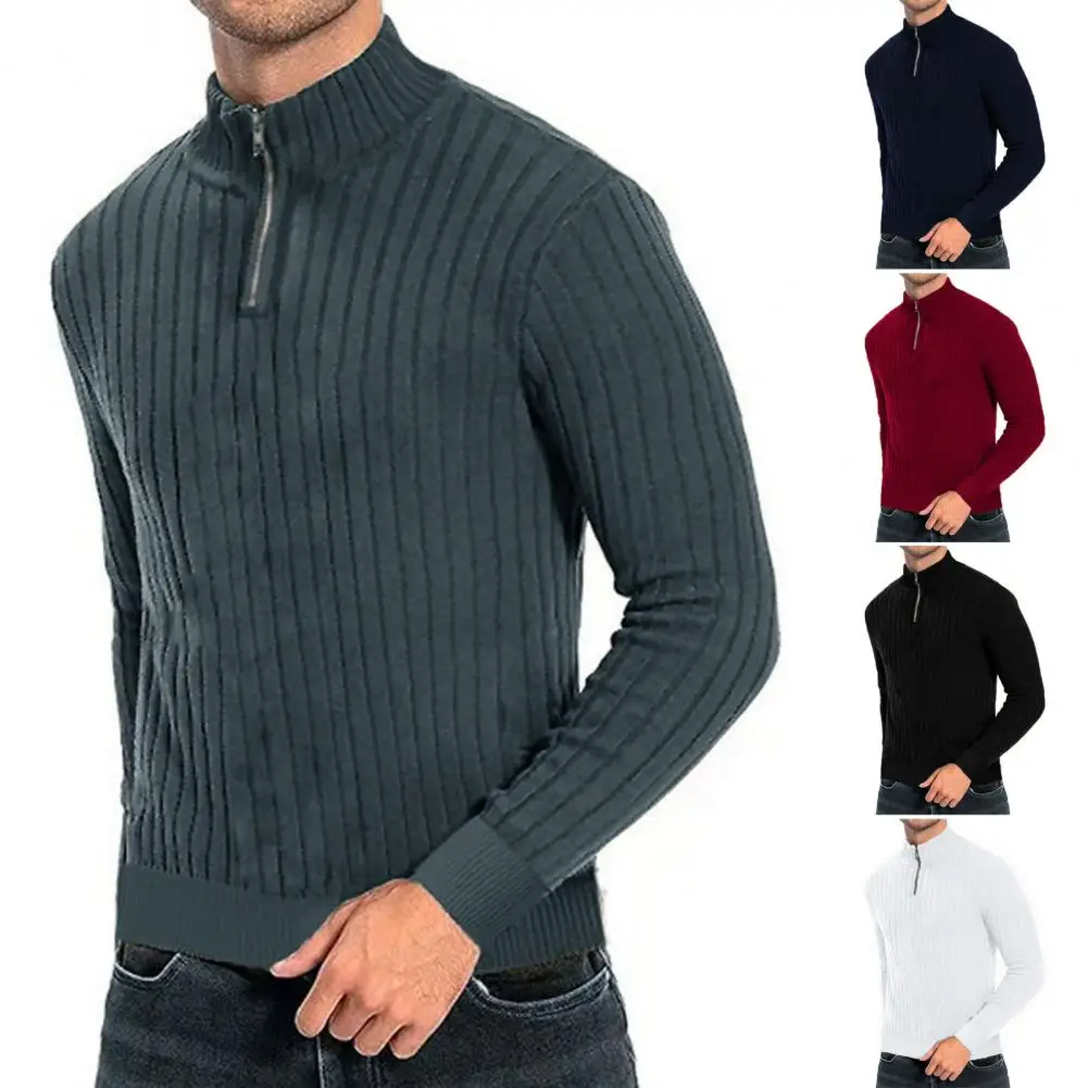 Men Fall Winter Sweater Zipper Half-high Collar Knitted Soft Warm Elastic Casual Pullover Striped Men Mid Length Sweater