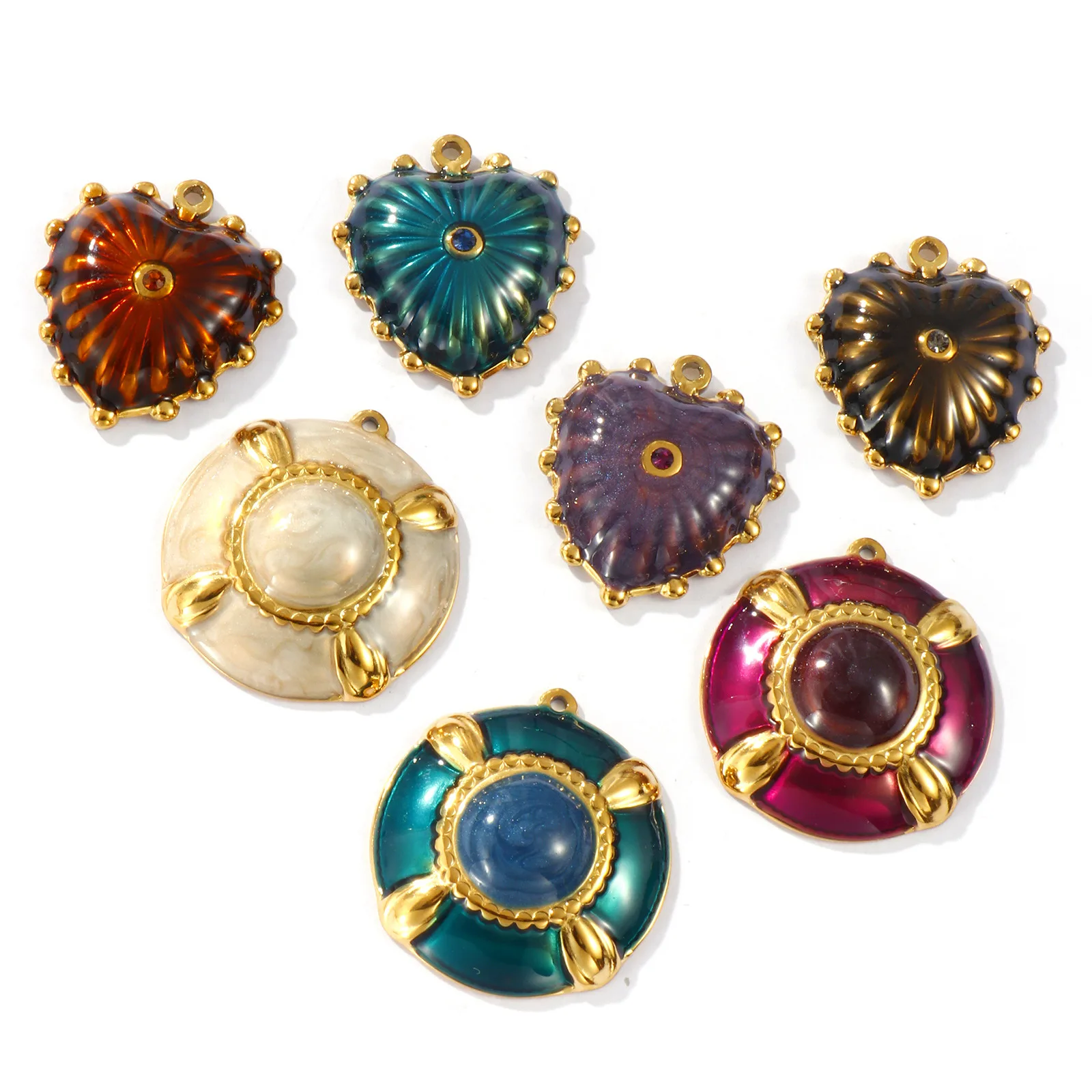 2 Stück wasserdichte 304-Edelstahl-Charms, 18 Karat vergoldet, Emaille-Herz, runde Anhänger für DIY-Halsketten-Schmuckherstellung – Detail 2