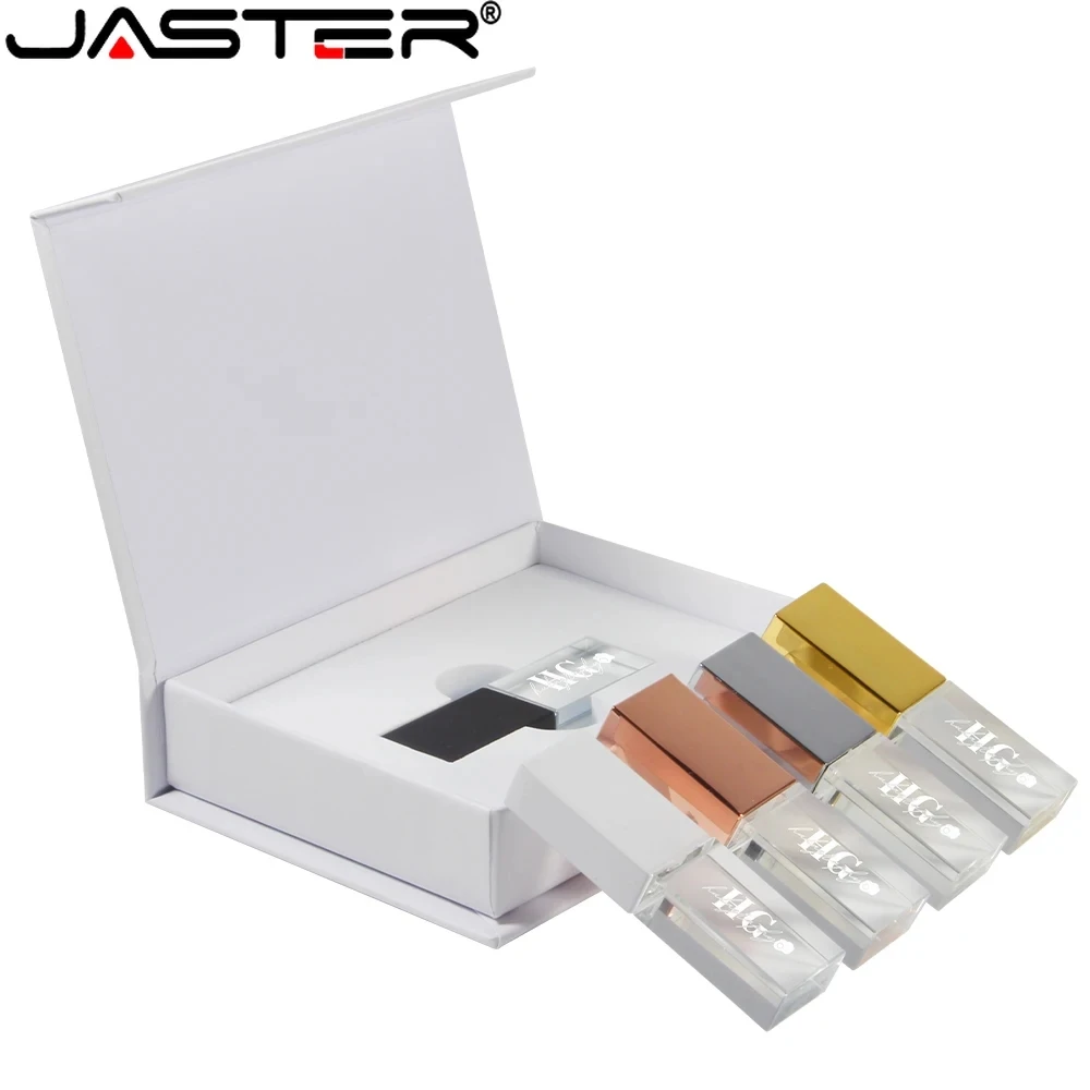 Jaster Rosa Ouro Cristal Caneta Drive2.0 128gb 64gb Ouro Cristal 32gb 16gb Usb Vara Livre Logotipo Personalizado Caixa de Papel Branco Casamento Presentes