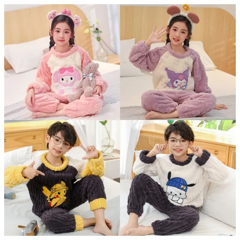 

Sanrios Boys Girls' Flannel Warm Pajama Set Anime My Melody Kuromi Pochacco Cute Printed Thickened Comfortable Home Clothing