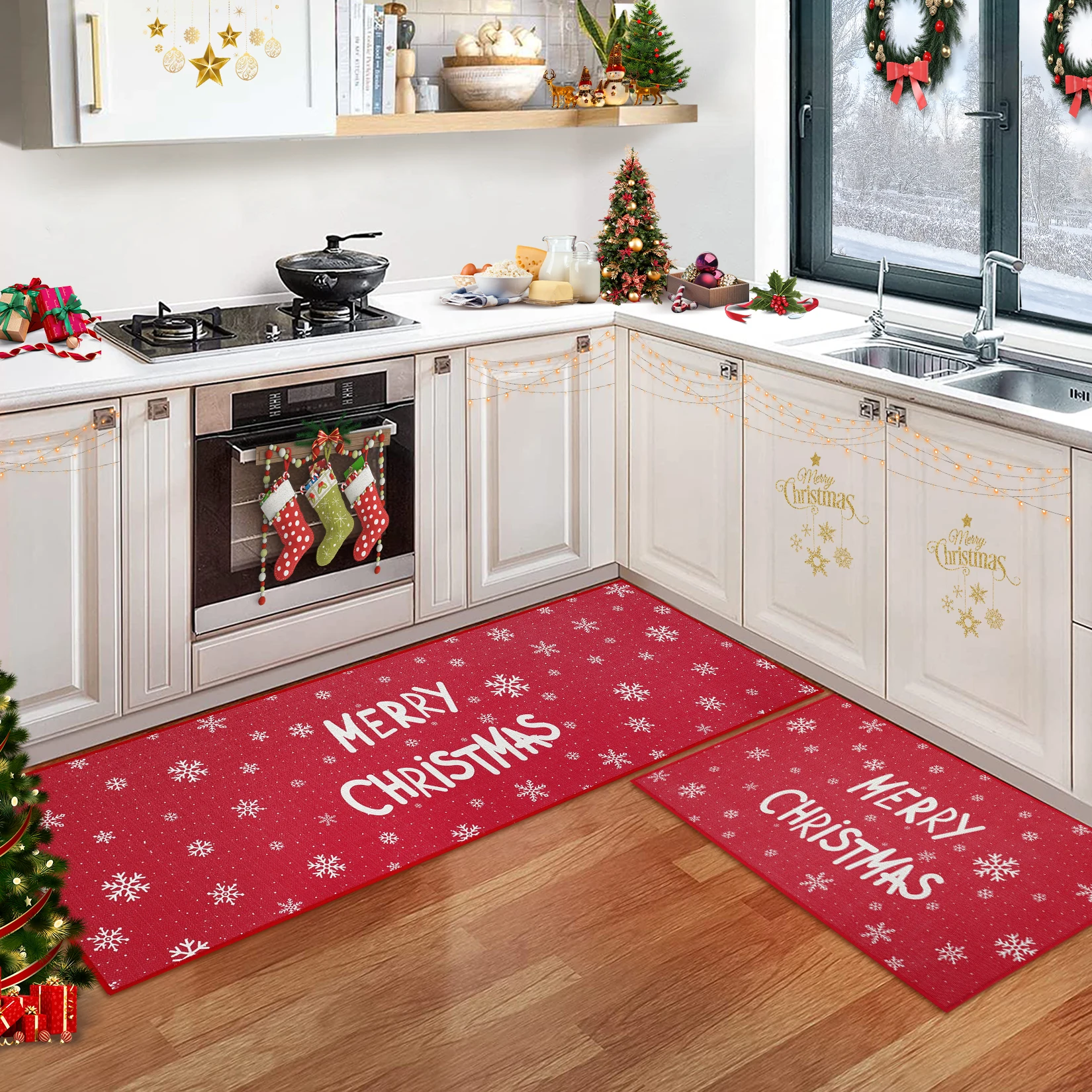 2er-Set dekorative Weihnachtsküchenteppiche mit Schneeflocke, rutschfeste, waschbare Küchenmatte für die Weihnachtsdekoration im Winter zu Hause – Detail 19