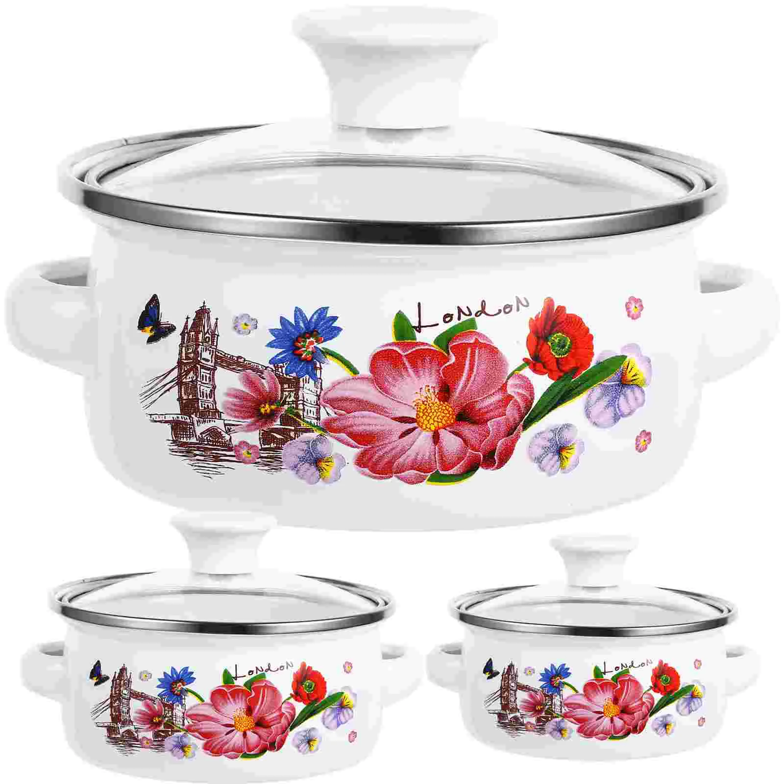 

Kitchen Enamel Stockpot Lid 3Pcs Retro Flower Stew Bean Cooking Pot Vintage Soup Pot Handles Nonstick Simmer Pot