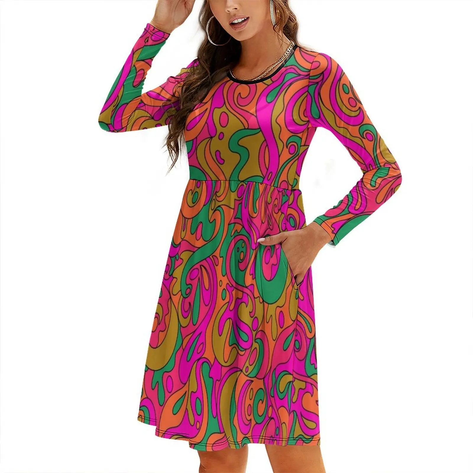 

Женское вечернее мешковатое платье Groovy Swirls с круглым вырезом, для гостей свадьбы, 2024