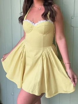 Abito da donna sexy giallo scollato piccolo abito a pieghe da club a vita alta con scollo all'americana elegante abiti a trapezio senza maniche con bordo in pizzo 1