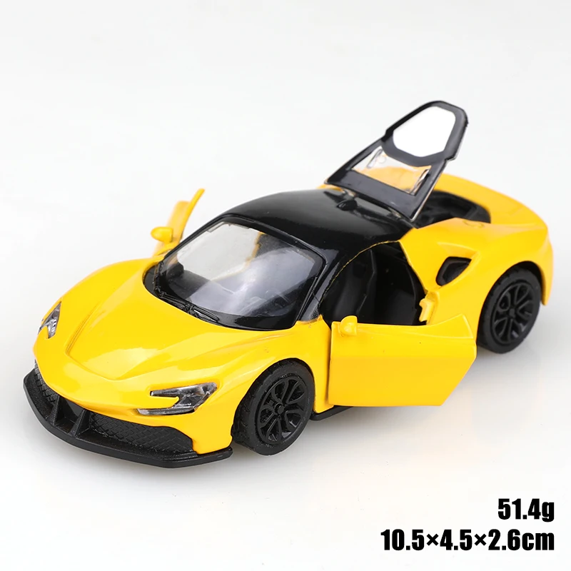 (포장됨) 1:43 다이캐스트 금속 자동차, 모조 SF90 풀백 레이싱카, 합금 자동차 모델, 열 수 있는 세 개의 문, 소년 장난감