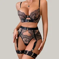 Nouveau ensemble érotique transparent brodé femmes Lingeries Sexy cils dentelle corps façonnage Lingerie quatre pièces ensemble Sexy chaud 1