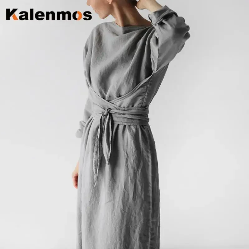 Cotton Dresses Long Dress Women Casual O Neck Long Sleeve Gray Solid Color  Folds Split Fork Brand Designer Maxi Vestidos 2023 - AliExpress 200000345