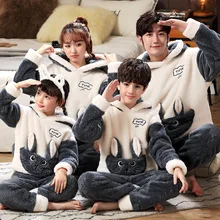

JULY'S SONG Flannel Pajamas Set Family Outfits Warm Cute Cartoon Parent-Child Sleepwear Winter Coral Women Men Kid Thick Pajamas