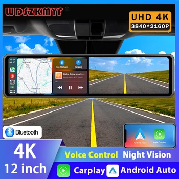 12” 4K Car DVR Carplay Android-Auto Dash Cam Dual Len Video Drive Recorder Stream Mirror Dashcam Camera FM 5G Wifi GPS Bluetooth