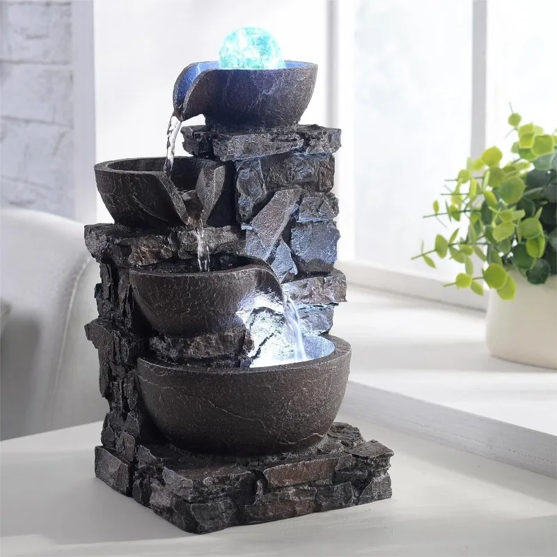 

Home Décor Tabletop Fountain Indoor Stone Four Bowls Natural River Rocks Decorated Colorful Lights Rolling Ball (23066)