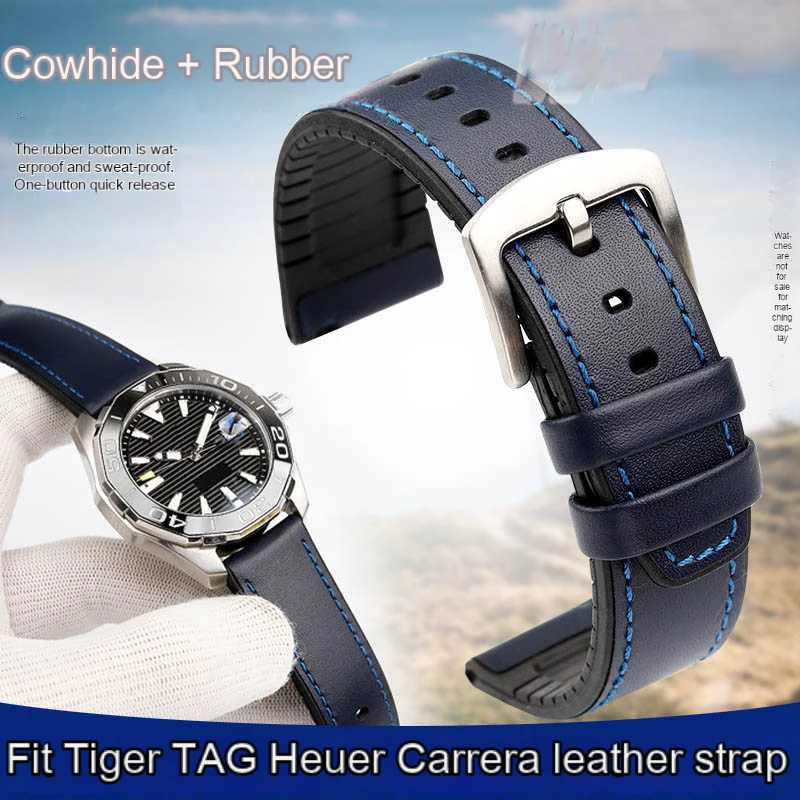 Cinturino Inferiore In Pelle Bovina + Gomma Impermeabile Per Tag Heuer Carrera Monaco Aquaracer Cinturino In Stile Fibbia Ad Ardiglione Da 22Mm