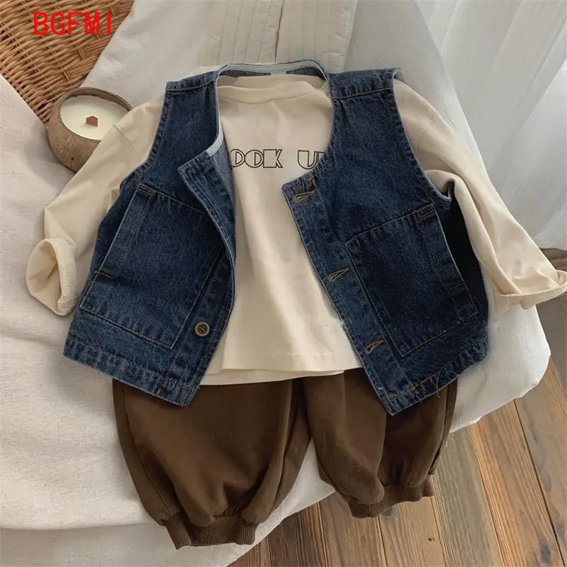Korean 2-7 Year Spring Children Boys Denim Vest Sleeveless Single Breasted V Neck Kid Boys Coat Cotton Thin Baby Vest