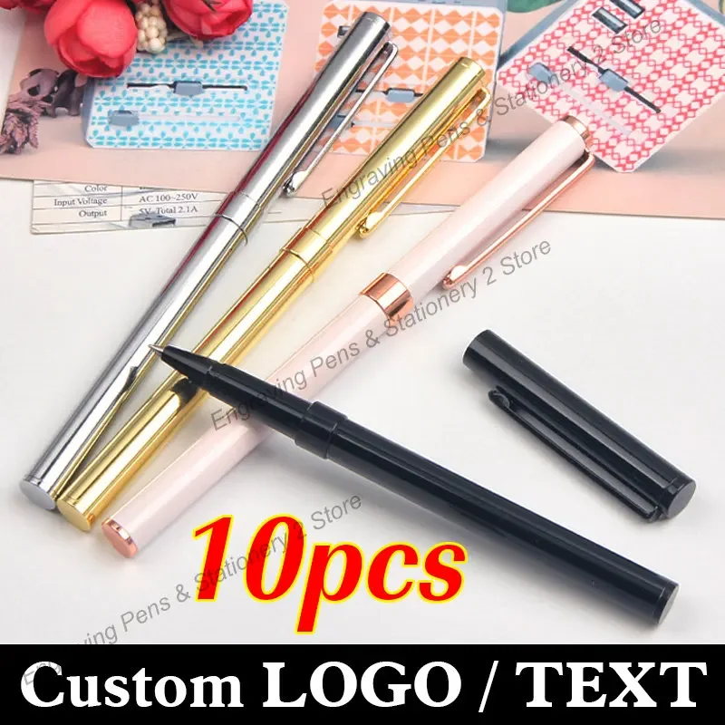 10 Pcs 0.5mm Metal Ballpoint Pen Custom Logo Advertising Pen for School Student Stationery Supplies Lettering Engraved Name