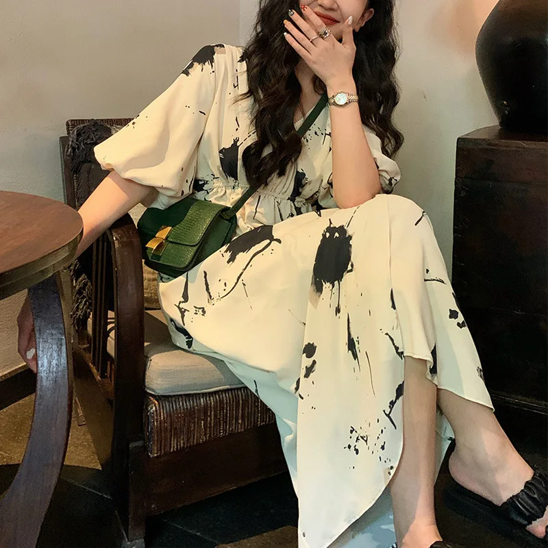 

French Ink Painting Printed V-neck Waist-Tight Long Dress for Women