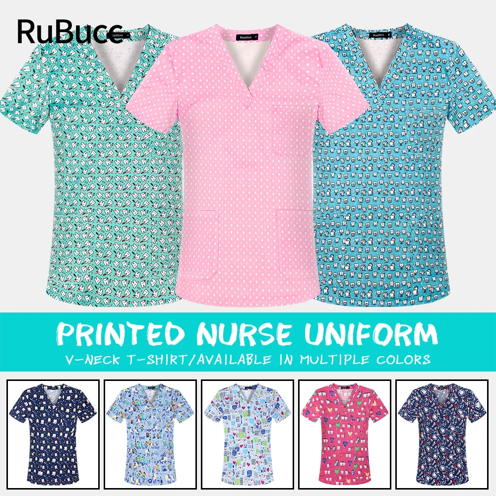 

Dentist Working Uniforms Teeth Printing Nursing Work Blouse V-neck Dental Clinic Scrub Tops Hospital Nurse Short Sleeved Uniform