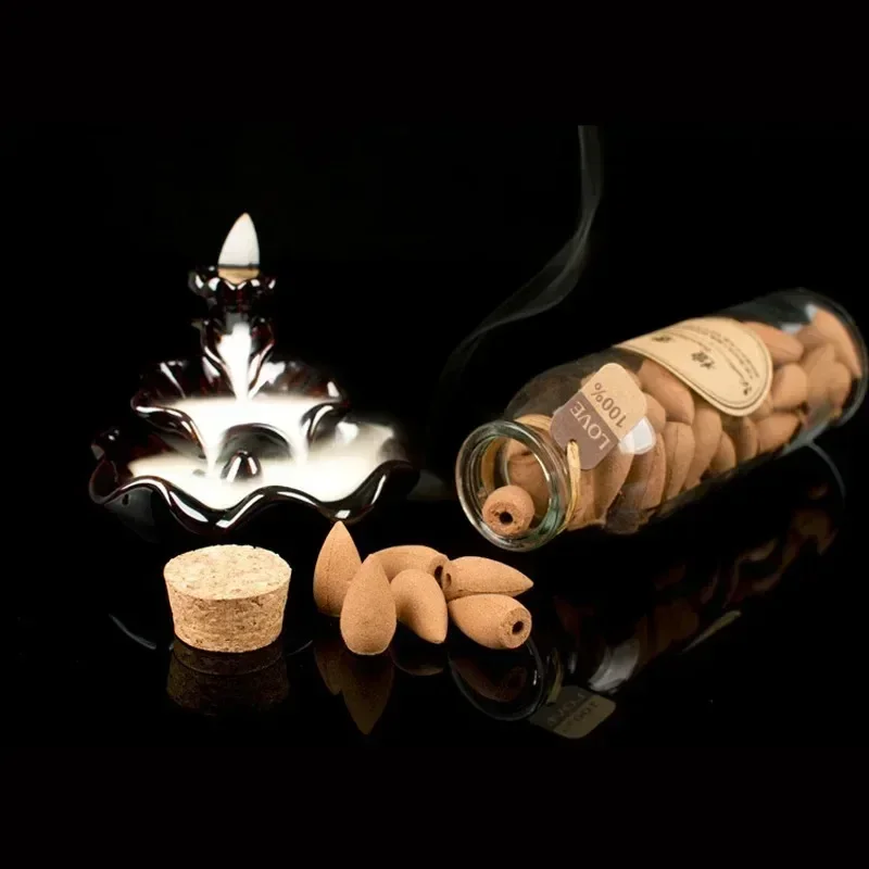 58Pcs Glass Bottle Package Flavor Can Choose Natural Smoke Backflow Incense Cones Hollow Cone Incense Sandalwood -Without Burner